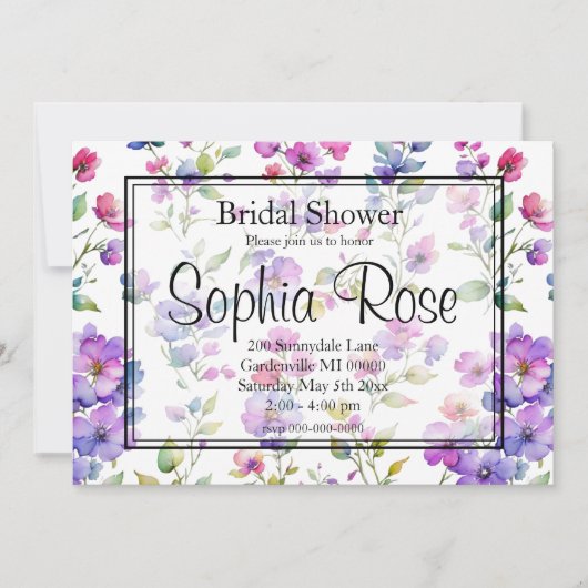 ピンクエレガントがかった紫色の水色の野花 招待状 (正面)