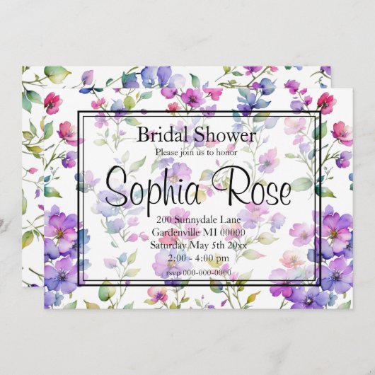 ピンクエレガントがかった紫色の水色の野花 招待状 (正面/裏面)