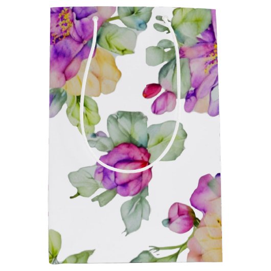 ピンクエレガントがかった紫色の水色フローラ ミディアムペーパーバッグ (正面)