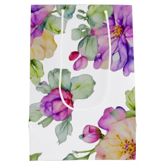 ピンクエレガントがかった紫色の水色フローラ ミディアムペーパーバッグ (裏面)