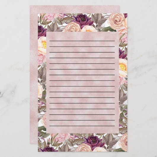 ピンクエレガントがかった紫色の牡丹が並ぶ 便箋 (正面/裏面)