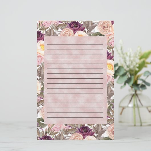 ピンクエレガントがかった紫色の牡丹が並ぶ 便箋 (スタンド正面)