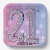 ピンクエレガントきらめくダイヤモンド21歳の誕生日 ペーパープレート (正面)