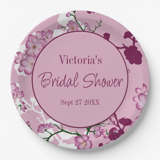 ピンクエレガントさくらんぼブライダルシャワー ペーパープレート (正面)