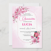 ピンクエレガントさくらんぼブロッサム幾何学的クインセアニラ 招待状 (正面)