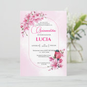 ピンクエレガントさくらんぼブロッサム幾何学的クインセアニラ 招待状 (スタンド正面)