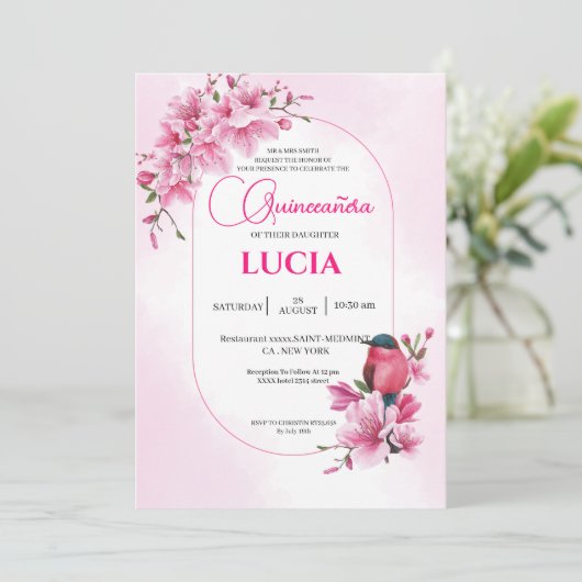 ピンクエレガントさくらんぼブロッサム幾何学的クインセアニラ 招待状 (スタンド正面)