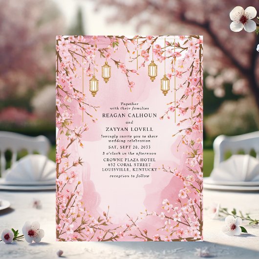 ピンクエレガントさくらんぼブロッサム結婚ランタン 招待状