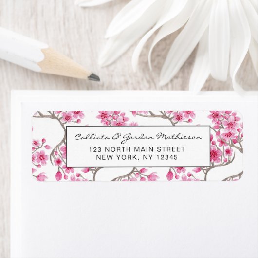 ピンクエレガントさくらんぼ花のフローラ水彩 ラベル (インサイチュ)