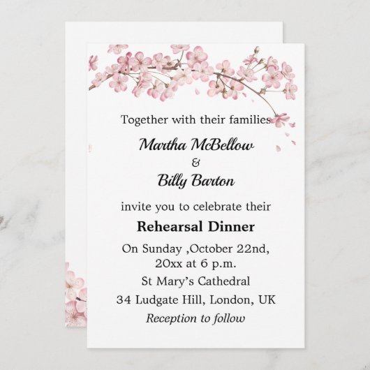 ピンクエレガントさくらんぼ花のリハーサルディナー 招待状 (正面/裏面)
