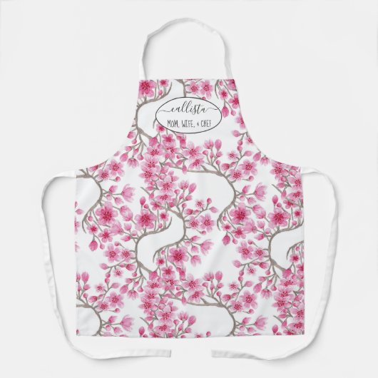 ピンクエレガントさくらんぼ花フローラ水彩 エプロン (正面)