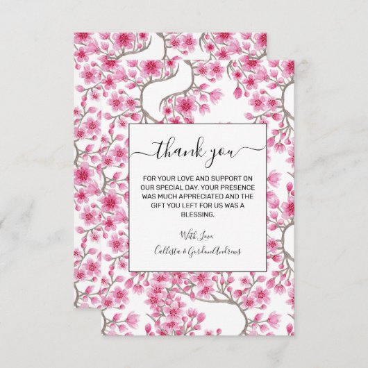 ピンクエレガントさくらんぼ花フローラ水彩 サンキューカード (正面/裏面)