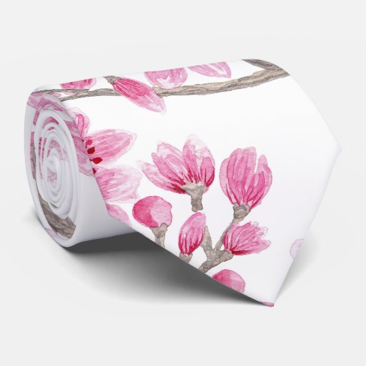 ピンクエレガントさくらんぼ花フローラ水彩 ネクタイ (ロール)