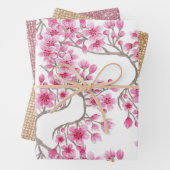 ピンクエレガントさくらんぼ花フローラ水彩 ラッピングペーパーシート (インサイチュ)