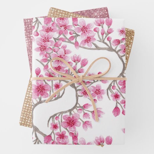 ピンクエレガントさくらんぼ花フローラ水彩 ラッピングペーパーシート (インサイチュ)