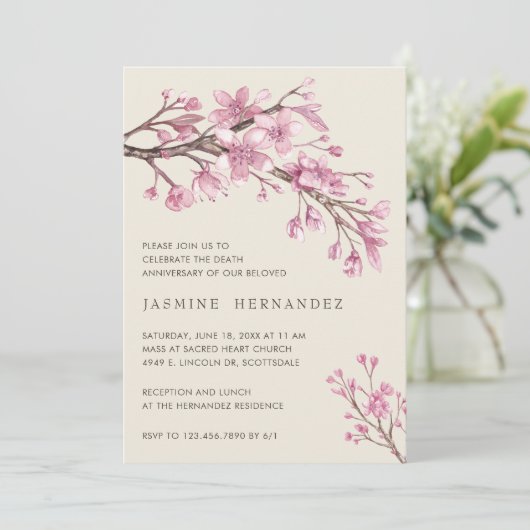 ピンクエレガントさくらんぼ花死記念日 招待状 (スタンド正面)