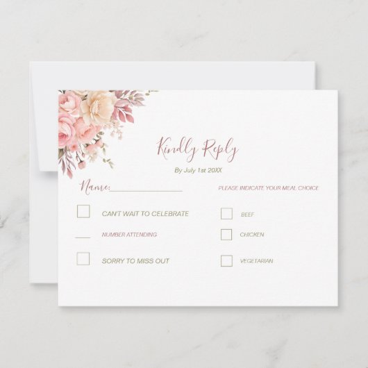 ピンクエレガントとアイボリーバラ春の結婚式 出欠カード (正面)