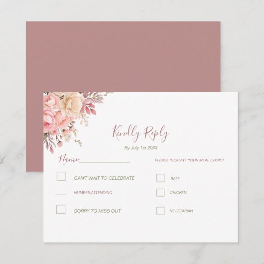 ピンクエレガントとアイボリーバラ春の結婚式 出欠カード (正面/裏面)