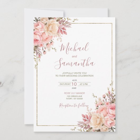 ピンクエレガントとアイボリーバラ春の結婚式 招待状 (正面)