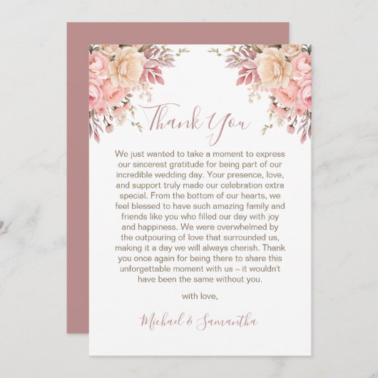 ピンクエレガントとアイボリーバラ結婚ズ サンキューカード (正面/裏面)