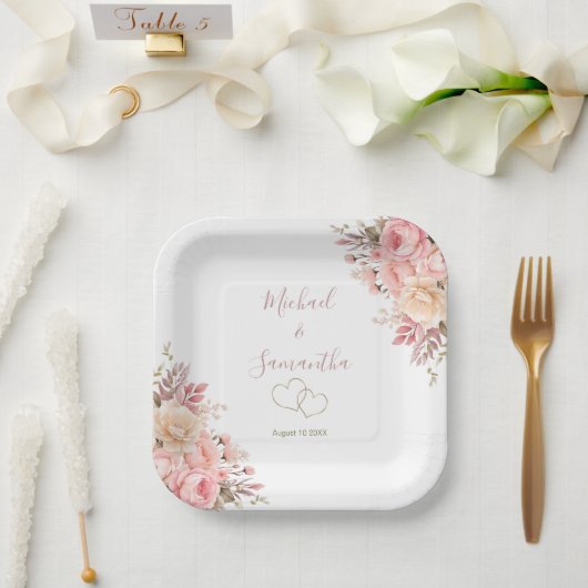 ピンクエレガントとアイボリーバラ結婚ズ ペーパープレート (ウェディング)