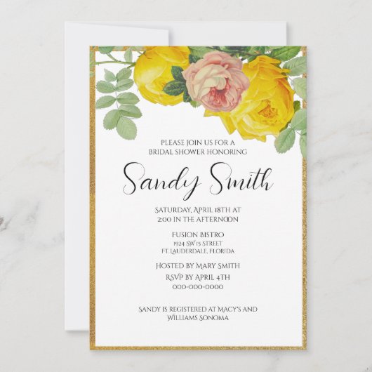 ピンクエレガントとイエローローズブライダルシャワー 招待状 (正面)