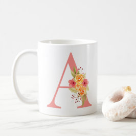 ピンクエレガントとオレンジの花モノグラムA コーヒーマグカップ
