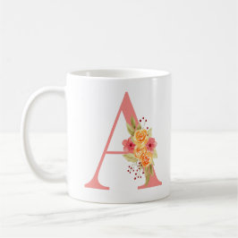 ピンクエレガントとオレンジの花モノグラムA コーヒーマグカップ