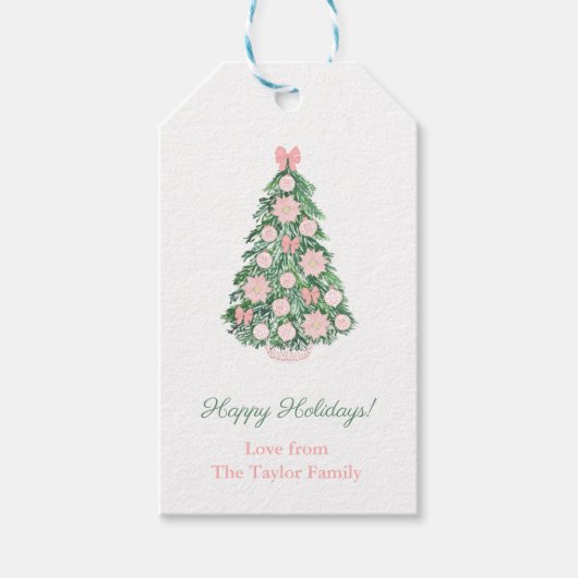 ピンクエレガントとグリーンのハッピーホリデーズクリスマス ギフトタグ (正面)