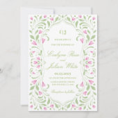ピンクエレガントとグリーンのフローラ結婚式招待状 招待状 (正面)