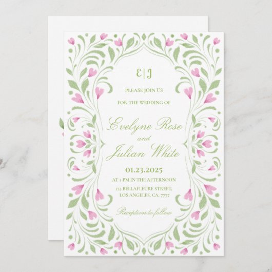 ピンクエレガントとグリーンのフローラ結婚式招待状 招待状 (正面/裏面)