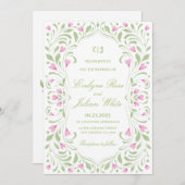 ピンクエレガントとグリーンのフローラ結婚式招待状 招待状 (正面/裏面)
