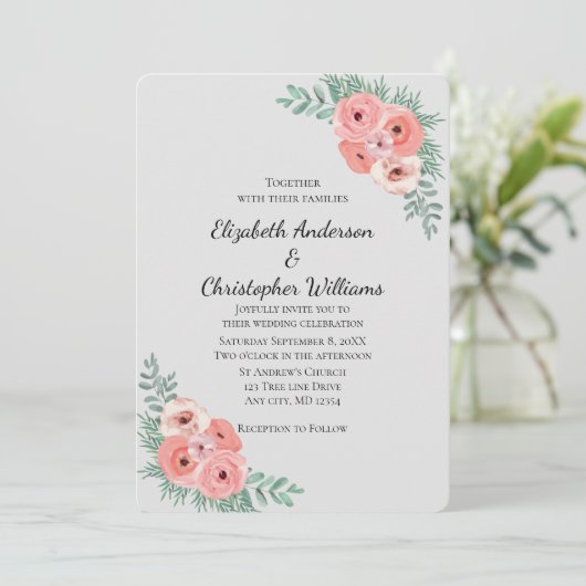 ピンクエレガントとグレーのフローラウォーター結婚カラー 招待状 (スタンド正面)