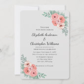 ピンクエレガントとグレーのフローラウォーター結婚カラー 招待状 (正面)