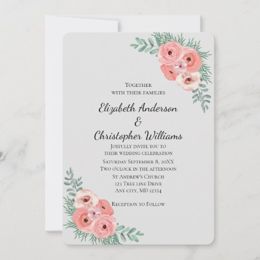 ピンクエレガントとグレーのフローラウォーター結婚カラー 招待状 (正面)