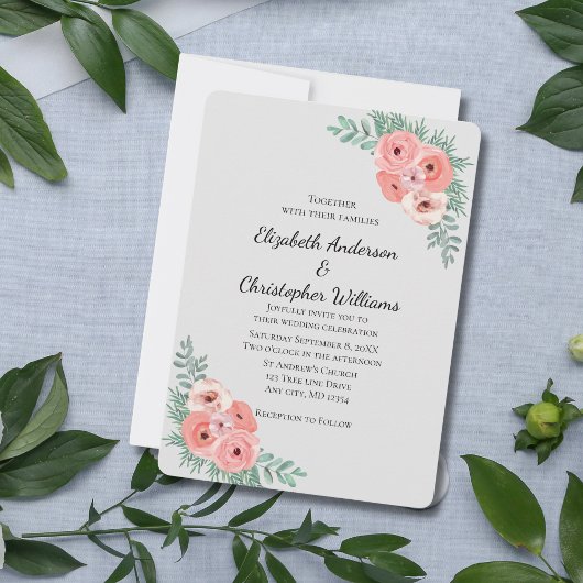 ピンクエレガントとグレーのフローラウォーター結婚カラー 招待状