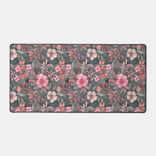 ピンクエレガントとグレーのフローラパターン（の模様が）あるデスクマット デスクマット (正面)