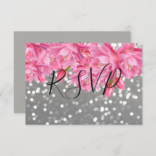 ピンクエレガントとグレーのフローラレース結婚式RSVP 出欠カード (正面/裏面)