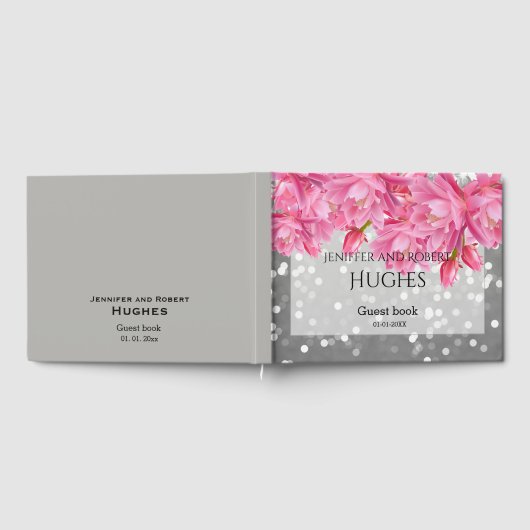 ピンクエレガントとグレーのフローラレー結婚ス ゲストブック (全面)