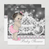 ピンクエレガントとグレーのプリンセスベビーシャワー 招待状 (正面/裏面)