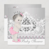 ピンクエレガントとグレーのプリンセスベビーシャワー 招待状 (正面/裏面)