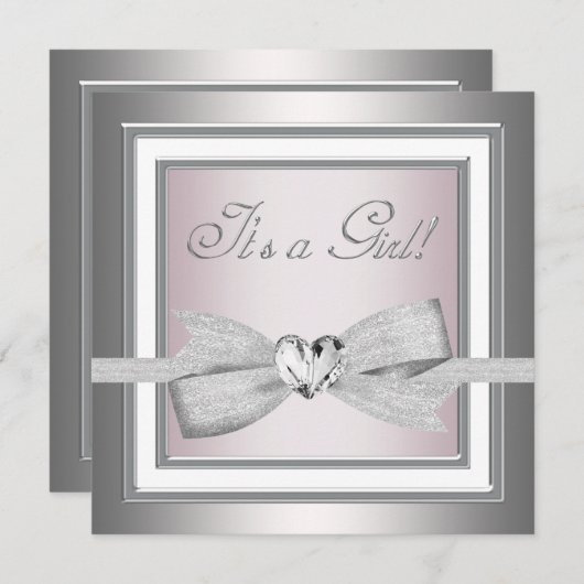 ピンクエレガントとグレーのベビーガールシャワー 招待状 (正面/裏面)