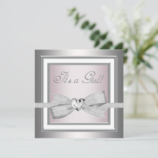 ピンクエレガントとグレーのベビーガールシャワー 招待状 (スタンド正面)