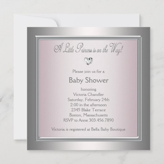 ピンクエレガントとグレーのベビーガールシャワー 招待状 (裏面)