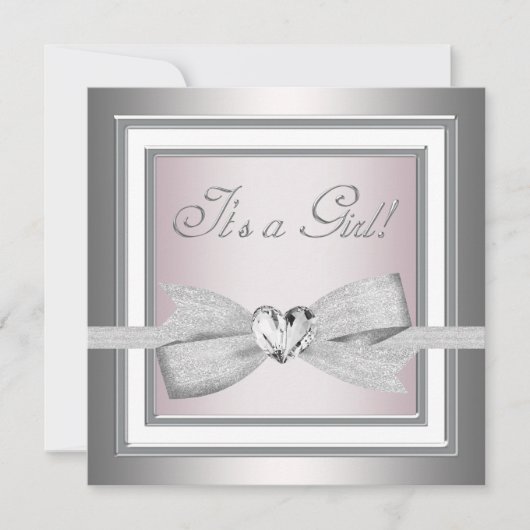 ピンクエレガントとグレーのベビーガールシャワー 招待状 (正面)