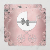 ピンクエレガントとグレーのベビーガールシャワー 招待状 (正面/裏面)