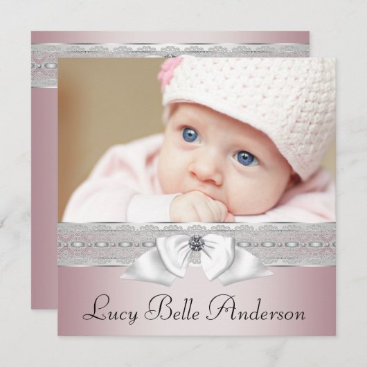 ピンクエレガントとグレーの出産のお知らせ 案内状 (正面/裏面)