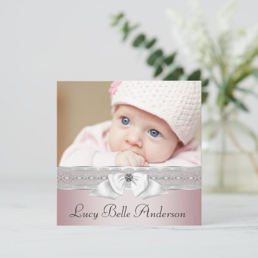 ピンクエレガントとグレーの出産のお知らせ 案内状 (スタンド正面)