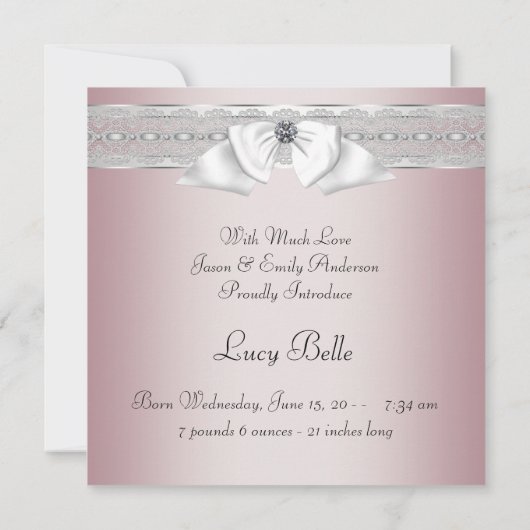 ピンクエレガントとグレーの出産のお知らせ 案内状 (裏面)