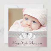 ピンクエレガントとグレーの出産のお知らせ 案内状 (正面)